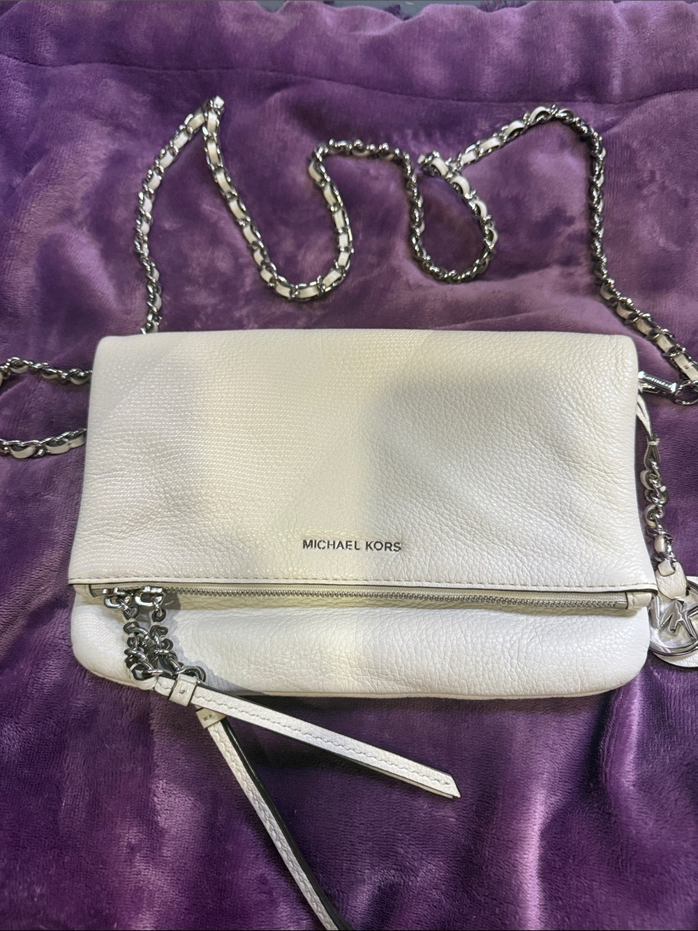 Michael Kors White Pebbled Leather Chain Strap Crossbody